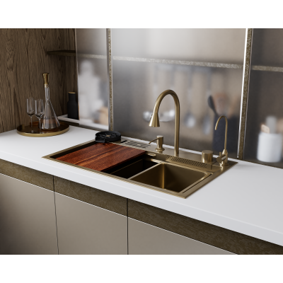 Кухонная мойка многофункц. DQ нерж.сталь матовое золото в комплекте со смесителем и аксессуарами (DKS754607)