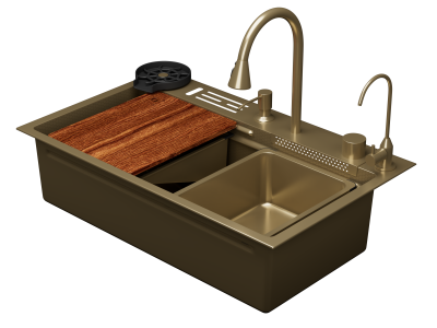 Кухонная мойка многофункц. DQ нерж.сталь матовое золото в комплекте со смесителем и аксессуарами (DKS754607)