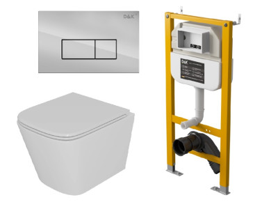 Комплект D&K Унитаз подвесной безободковый (торнадо) DT1436516, Инсталляция DI8050127, Клавиша смыва DB1499001, хром (DS1431628)