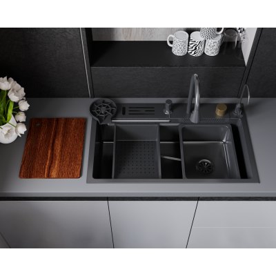 Кухонная мойка многофункц. DQ нерж.сталь матовый серый в комплекте со смесителем и аксессуарами (DKS754606)