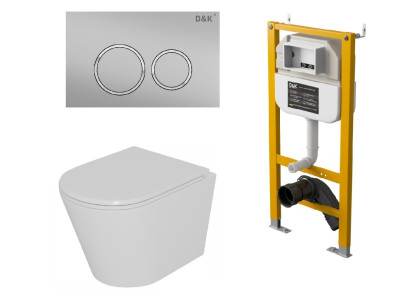 Комплект D&K Унитаз подвесной безободковый (торнадо) DT1026516, Инсталляция DI8050127, Клавиша смыва DB1529002 матовый хром (DS1021613)