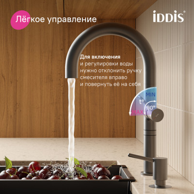Смеситель для кухни IDDIS Спин (Spin) с каналом для фильтрованной воды и круговым дивертором, графит (SPNGMCFi05)