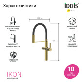 Смеситель для кухни с каналом для фильтрованной воды и гибким изливом IDDIS Ikon матовое золото (IKNMGFFi05)