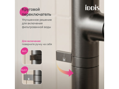 Смеситель для кухни IDDIS Спин (Spin) с каналом для фильтрованной воды и круговым дивертором, графит (SPNGMCFi05)