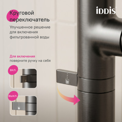 Смеситель для кухни IDDIS Спин (Spin) с каналом для фильтрованной воды и круговым дивертором, графит (SPNGMCFi05)