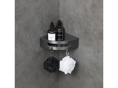 Полка для душа угловая Lemark SHELF LINE из нерж. стали с крючками, графит/вставка-пластик графит (9776048)