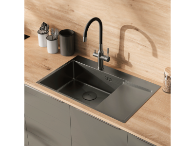 Кухонная мойка Lemark KEZADRA 780L прямоугольная с крылом из нержавеющей стали (чаша СЛЕВА) цвет: графит (9936151)