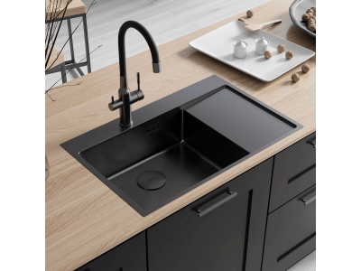 Кухонная мойка Lemark KEZADRA 780L прямоугольная с крылом из нержавеющей стали (чаша СЛЕВА) цвет: чёрный матовый (9932152)