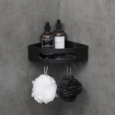 Полка для душа угловая Lemark SHELF LINE из нерж. стали с крючками, черный/ вставка-пластик черный (9772047)